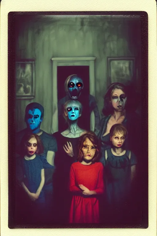 Prompt: an unsettling colored family photograph shot on polaroid, anxious people standing in a large haunted house, phantom ghosts in the background, cinematic, horror, photorealistic, vintage, artstation, painterly, expressive