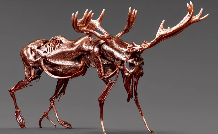 Image similar to stylized shiny polished silver statue full body bizarre extra limbs cosmic horror quadruped animal moose deer skull four legs made of marble of slug worm creature tendrils perfect symmetrical body perfect symmetrical face hyper realistic hyper detailed by johannen voss by michelangelo octane render blender 8 k displayed in pure white studio room anatomical deep red arteries veins flesh hell