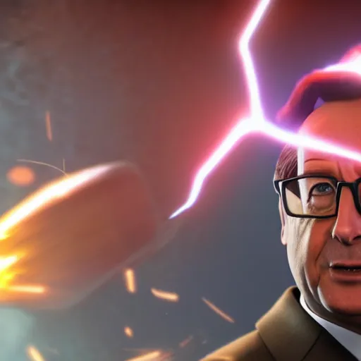 Image similar to François hollande with super saiyan hair charging up for a kamehameha, artstation, octane render, highly detailed