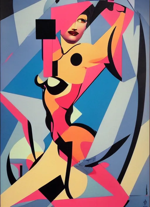 Image similar to futuristic laser girl pinup, by steven meisel, james jean and rolf armstrong, geometric cubist acrylic and airbrush painting with retro and neon colors