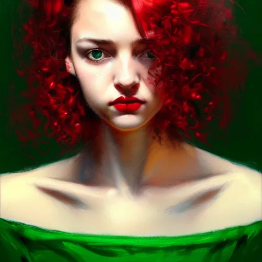 Prompt: a realistic illustration portrait of a beautiful cute girl with curly black and red hair, a pointy nose and, round chin black eyeliner, green pupills, trending on artstation, hyper - realistic lighting, intricate by casey baugh