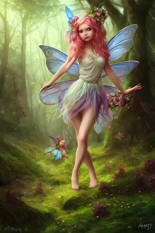 Image similar to a cute fairy in the dreamy forest, fantasy, 8 k resolution, hyper detailed, d & d, character design, digital painting, trending on artstation, sharp focus, illustration, art by artgerm, steve zheng, fuji choko, viktoria gavrilenko, hoang lap