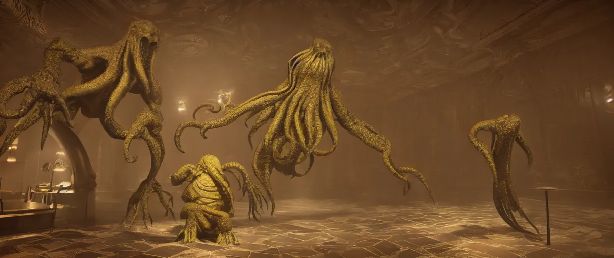 Prompt: cthulhu on a blind date | unreal engine :. 6 | global illumination, octane, raytracing, detailed and intricate :. 4