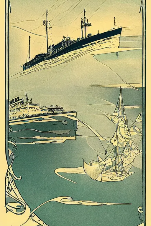 Image similar to Beautiful Art Nouveau print of a ship crossing the vast ocean