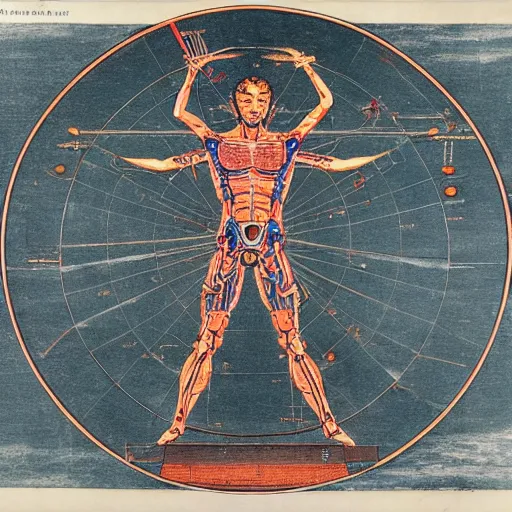 Image similar to a brilliantly colored scroll of an exploded diagram of a detailed engineering schematic of a cyborg samurai in the pose vitruvian man in the style of jean giraud