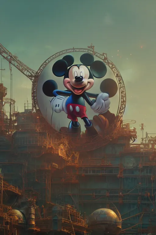 Image similar to repairing huge mickey mouse head done by constructors / workers / mechanics in some facility, big glowing netflix logo behind, greg rutkowski, beeple, gilleard, alphonse mucha cgsociety, unreal engine, octane render, highly detailed 4 k art, smooth, sharp focus, cinematic lighting, volumetric lighting, artstation,