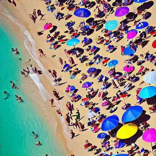 Image similar to photograph beachscapes from an almost perpendicular angle, Aerial view of sandy beach with umbrellas and sea, Aerial of a crowded sandy beach with colourful umbrellas, sun bathers and swimmers during summer, by Tommy Clarke