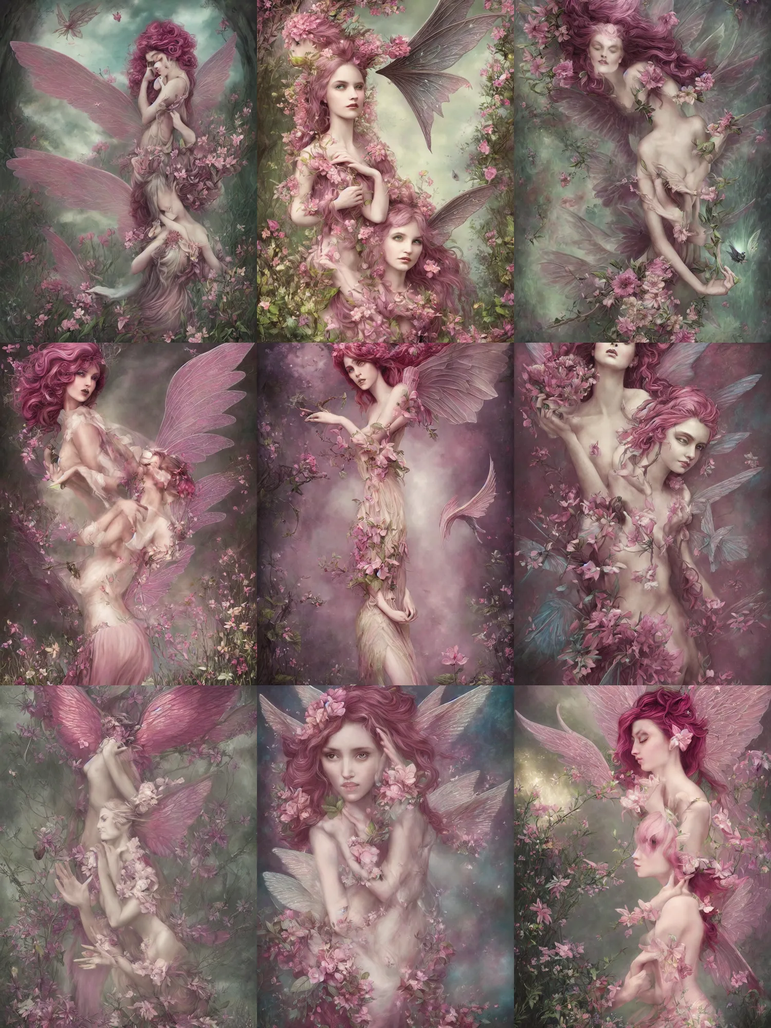 Prompt: d & d style a pink beautiful fairy with large wings and flowing hair is exploring her flower garden, style of tom bagshaw, extremely detailed, muted colors, negative space