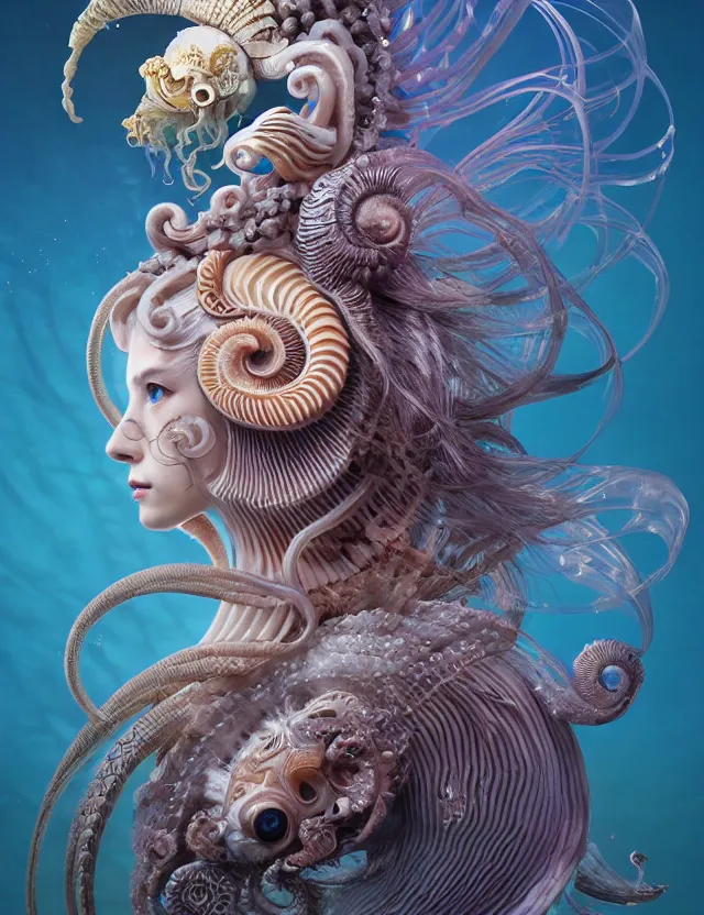 Image similar to 3 d goddess nautilus half - turn portrait with long hair with ram skull. beautiful intricately detailed japanese crow kitsune mask and clasical japanese kimono. betta fish, jellyfish phoenix, bio luminescent, plasma, ice, water, wind, creature, artwork by tooth wu and wlop and beeple and greg rutkowski