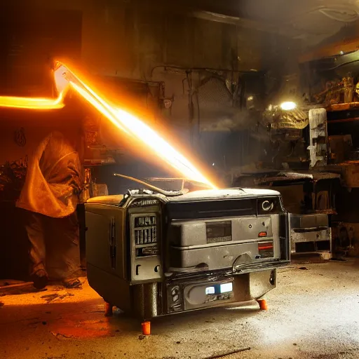 Image similar to cyborg toaster oven repairman, dark messy smoke - filled cluttered workshop, dark, dramatic lighting, orange tint, sparks, plasma rays, cinematic, highly detailed, sci - fi, futuristic, movie still