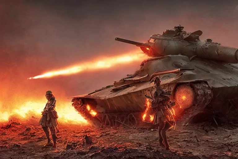 Prompt: an epic view of a cyborg woman versus a wwi tank, on a battlefield, smoke, fires, distant explosions, in the style of noriyoshi ohrai, cinematic, hyper - realistic, highly detailed digital art