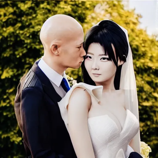 Image similar to saitama one punch man instagram couple's wedding photo shoot, closeup photo