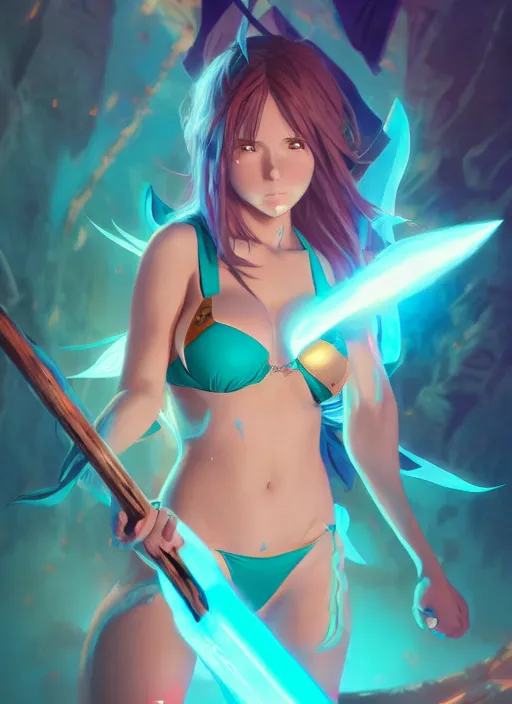 Image similar to Anime in Bikini with Battleaxe glowing emanating teal energy, dungeons and dragons portrait, highly detailed, digital painting, artstation, concept art, sharp focus, illustration, art by artgerm and greg rutkowski and alphonse mucha, Unreal Engine, 8k, HD