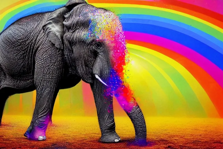 Image similar to an photorealistic picture of an elephant that farts glitter in the colors of the rainbow