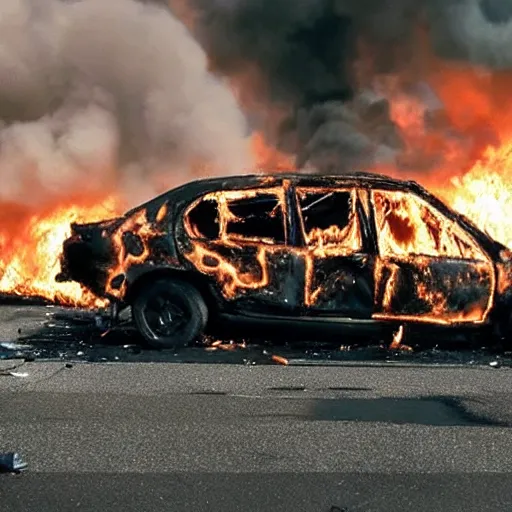 Image similar to A still of a destroyed car on fire, slow motion flames