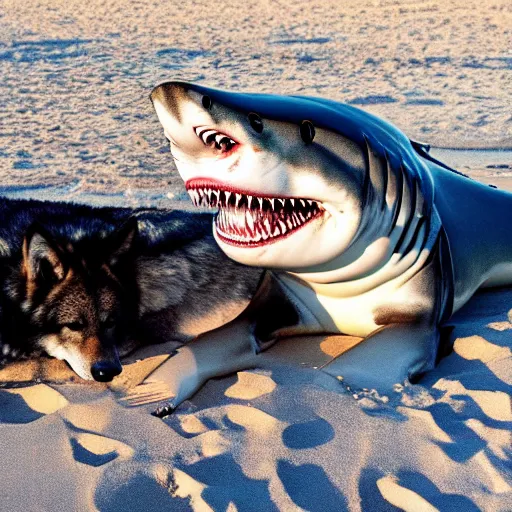 Image similar to professional photo of a shark body and canine wolf head half wolf half shark strange combo discovered on the beach