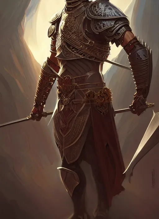 Image similar to portrait of rahul kohlil, knight, d & d, muscular! fantasy, armour, intricate, elegant, highly detailed, digital painting, artstation, concept art, smooth, sharp focus, illustration, art by artgerm and greg rutkowski and alphonse mucha