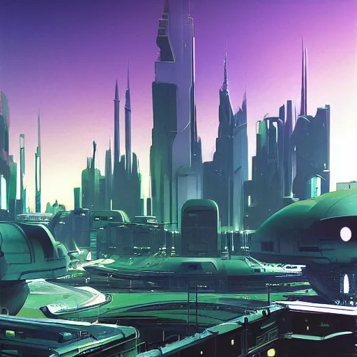 Image similar to Sci-fi cityscape with green gardens, cinematic angle, cinematic lighting, blue sky, sun in the sky, by Syd Mead, John Harris, Federico Pelat