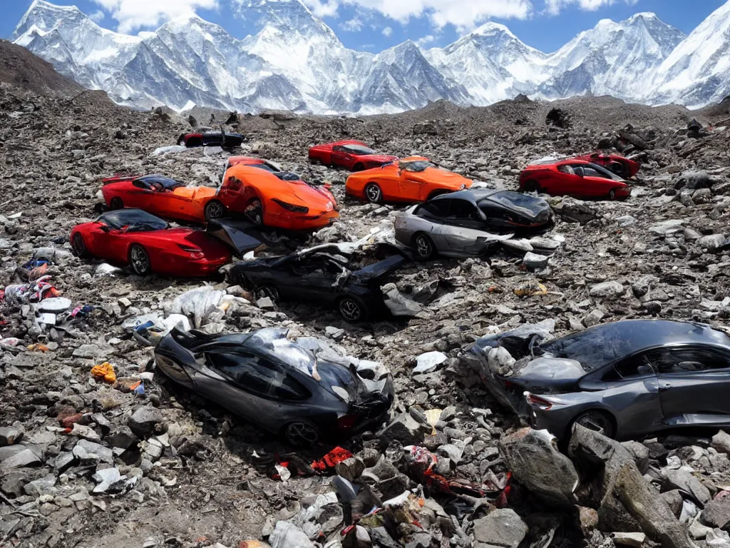 Image similar to mount everest with crashed ferraris, 3 model l