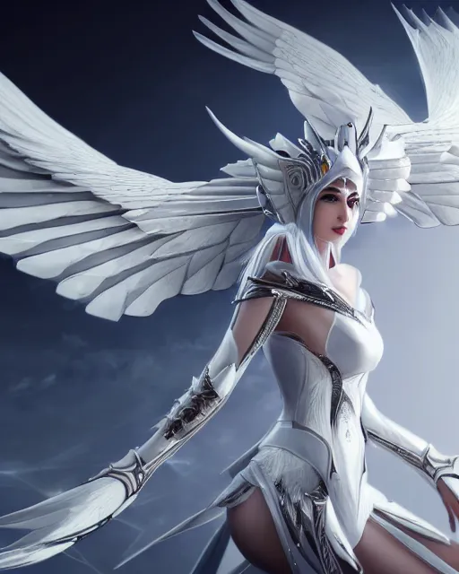 Image similar to regal white haired attractive egyptian goddess with huge white dove wings, warframe armor, beautiful, symmetric, dreamy, half asian, pretty face, blue eyes, detailed, scifi platform, laboratory, experiment, 4 k, ultra realistic, epic lighting, android body, illuminated, cinematic, masterpiece, art by akihito tsukushi, voidstar