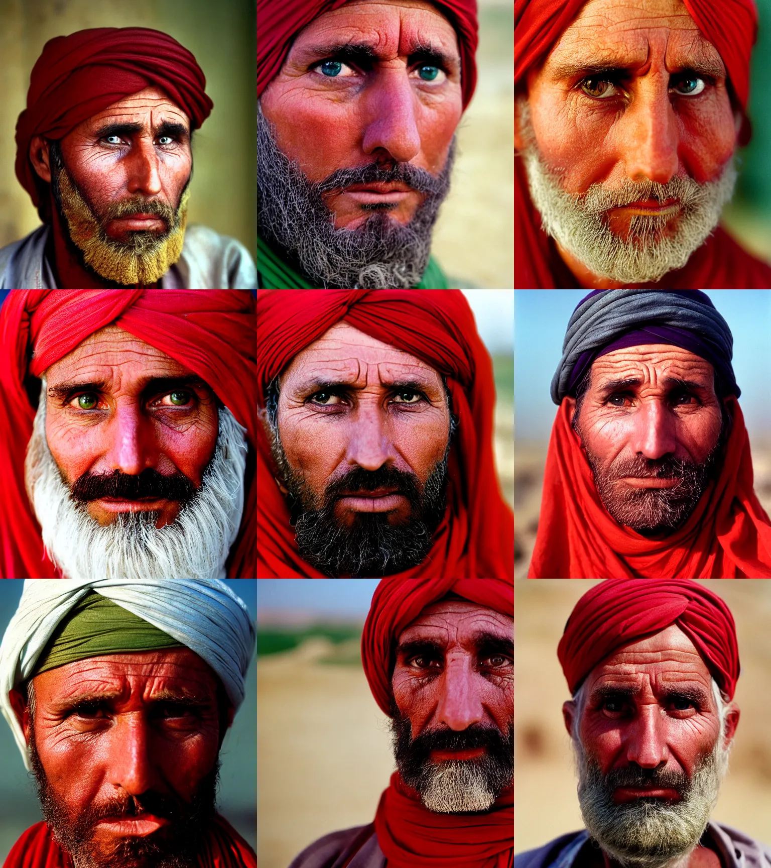 Prompt: portrait of donald trump as afghan man, green eyes in a red headscarf looking intensely at the camera, taken by steve mccurry, kodachrome 6 4 color slide film, with a nikon fm 2 camera and nikkor 1 0 5 mm ai - s f 2. 5 lens