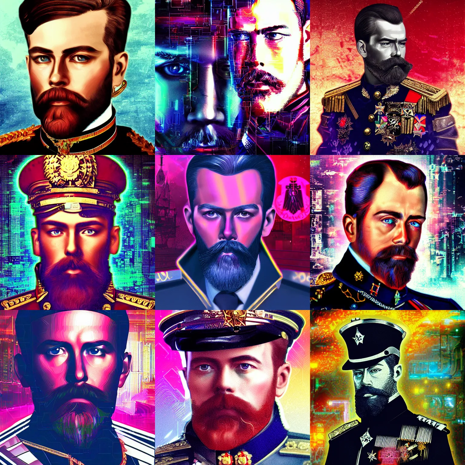 Image similar to Nicholas II of Russia, cyberpunk, synthwave, glitch, digital art, detailed, photo realistic