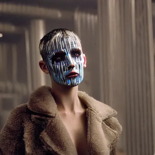 Prompt: cinematic portrait of a runaway replicant with tribal facepaint and a plastic raincoat in an empty room, still from the movie bladerunner, fashion photography