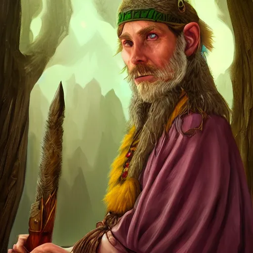 Image similar to A professional digital portrait painting of a D&D druid, painted in the style of Wes Anderson, 4k, digital art, trending on cgsociety, highly detailed, upper body shot, shallow depth of field, purple and yellow lighting, professional lighting, airbrush,