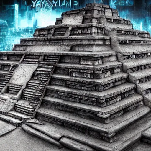 Image similar to Mayan temples merged with cyberpunk futuristic aesthetic 4k highly detailed intricate engravings of esoteric symbols