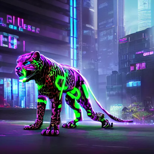 Image similar to a neon cyberpunk cyborg jaguar animal, octane render