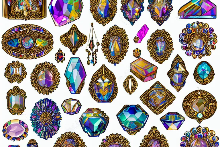 Image similar to illustration of design sheet of sets of various figures carved out of gemstones, prismatic colors, magic trinkets, ornate patterns