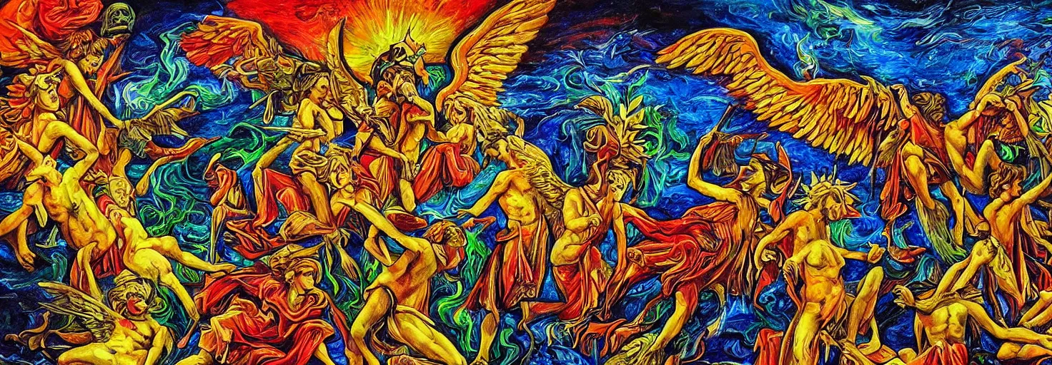 Image similar to elements of nature, angels and demons, hemp, bright colors, degenerate art