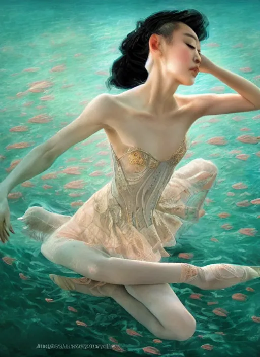 Prompt: stunningly beautiful, asian prima ballerina at the bottom of the great barrier reef, smooth, focus, highly detailed, hyper realistic, dramatic lighting, intricate, concept art, art by wlop, mars ravelo