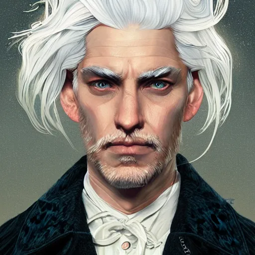 Image similar to man with white hair profile, dark circles, tired, unreal engine, intricate, highly detailed, digital art, digital paiting, overcoat art by JC Leyendecker and sachin teng