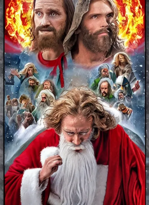 Image similar to Santa vs Jesus: Resurrection 2, epic movie poster, showing at a movie theatre near you, 80s hand painted, intricate, high detail, with text, high rated reviews