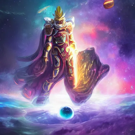 Image similar to photorealistic fantasy cosmic concept art of a cosmic god with armor made out of planets and dark matter, hovering in a unknown galaxy, fully body portrait, cinematic, dynamic lighting, ultra detailed, creative, trending on art station, stunning visuals, creative