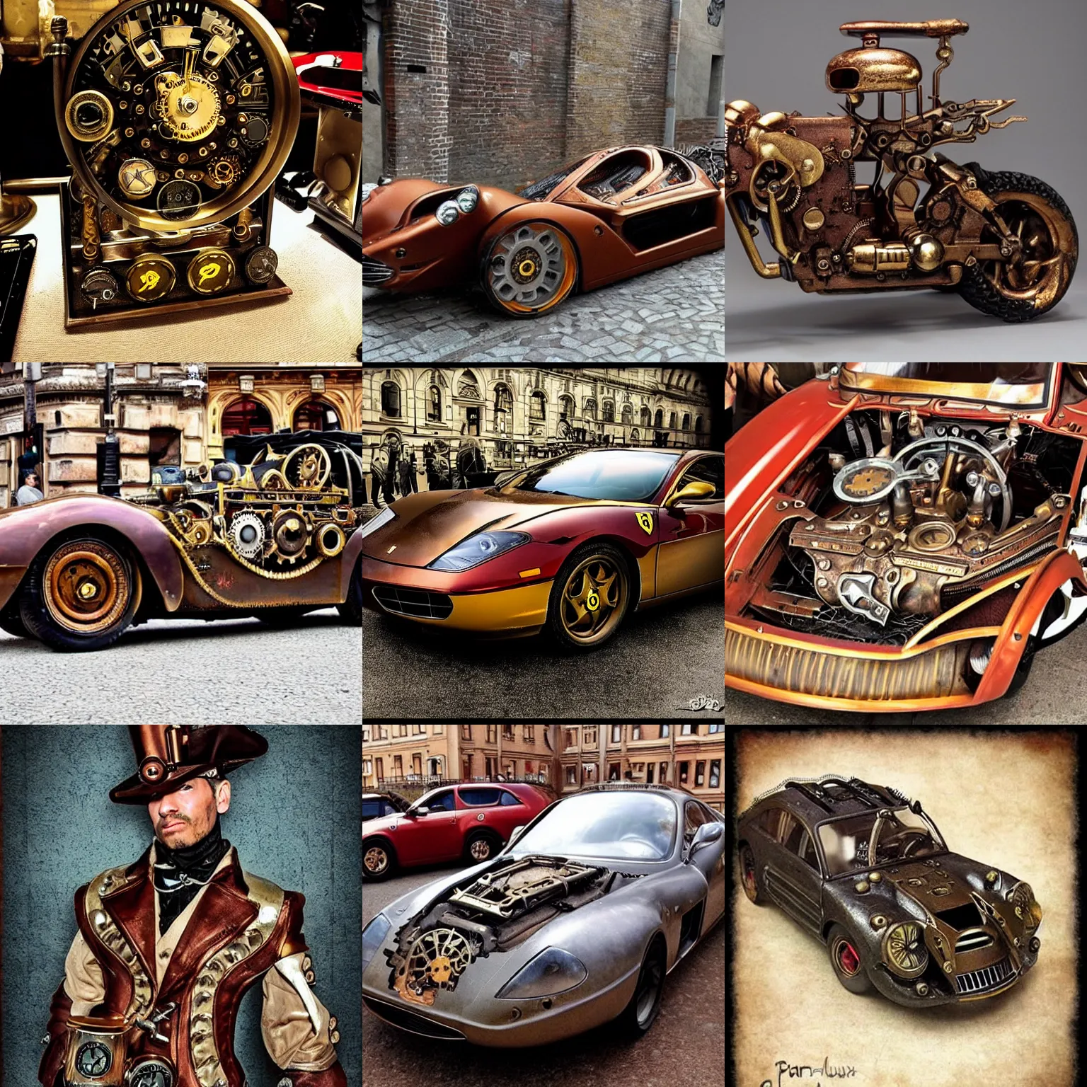 Prompt: a steampunk!!!! ferrari!