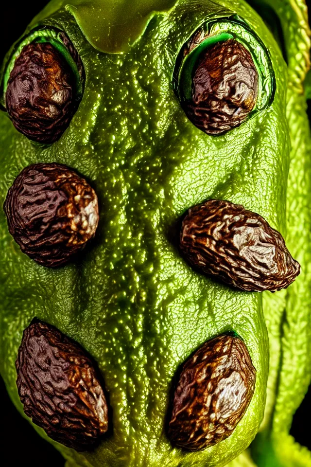 Image similar to renaissance portrait close up of highly detailed respected dragonskinned avocado, fake mustache, dramatic cinematic lighting, 8 k