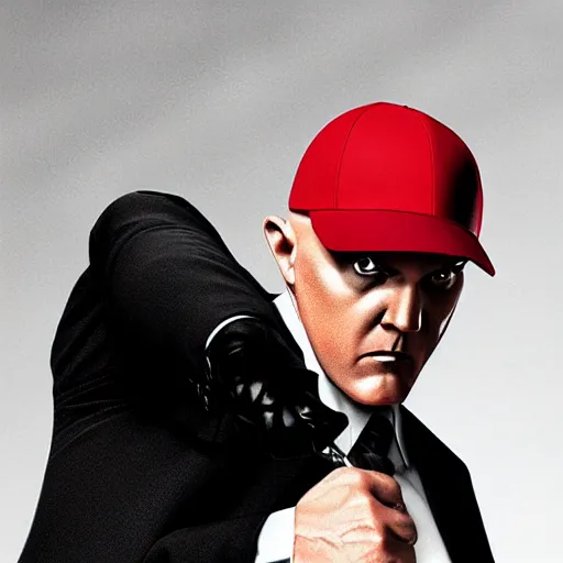 Image similar to agent 4 7 wearing a red baseball cap