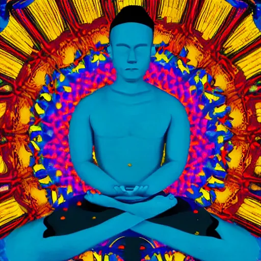 Prompt: A beautiful photograph of a man with a large head, sitting in what appears to be a meditative pose. His eyes are closed and he has a serene look on his face. His body is made up of colorful geometric shapes and patterns that twist and turn in different directions. It's almost as if he's sitting in the middle of a kaleidoscope! Sonic the Hedgehog by Charles Blackman lines, distorted