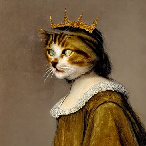 Prompt: a female tabby cat with green eyes and long dark fur wearing aristocratic robes and a golden necklace and a crown sitting in a garden in the style of Rembrandt