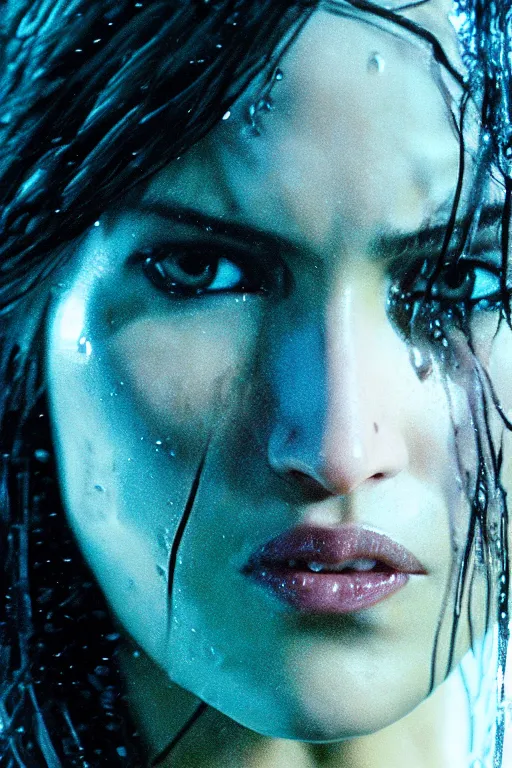 Image similar to cinestill 5 0 d candid action photographic portrait by quentin tarantino of lara croft in treacherous waters, extreme closeup, modern cyberpunk retrofuturism moody emotional cinematic, pouring iridescent rain, 8 k, hd, high resolution, 3 5 mm, f / 3 2, motion blur, ultra realistic faces, ex machina 8 k