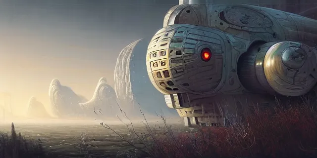 Image similar to painting group of sci - fi adventures searching birch trees forest for crashed ship by tomasz alen kopera and cornelius dammrich with futuristic city scape ion the distance by eddie jones and simon stahlenhag