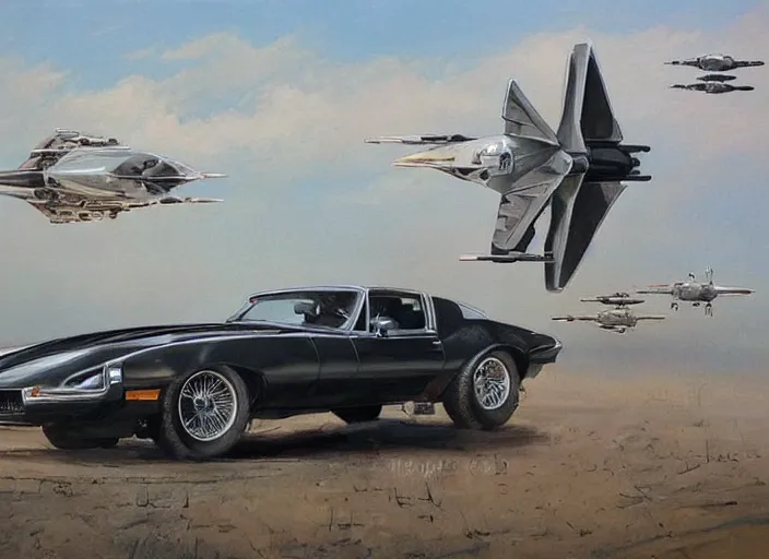 Prompt: ( ( ( ( ( 1 9 8 2 pontiac trans am, jaguar e - type, car concept art, sci - fi illustration, painting ) ) ) ) ) by vincent di fate and john berkey and star wars and the rocketeer!!!!!!!