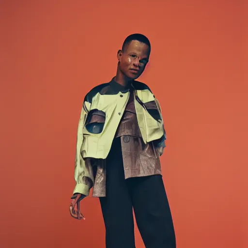 Image similar to realistic photoshooting for a new balenciaga lookbook, color film photography, portrait of a beautiful woman, model wearing a workwear jacket, by photo in style of Tyler Mitchell, 35mm,