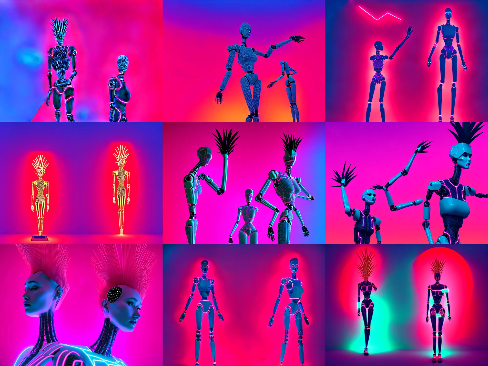 Prompt: beautiful tall female robot printed with red and black 3 d geometrical neon facing a doorway opening with neon pink geometric fractal light + a portal to a vaporwave world, flowering pineapples, transcendent, clean linework, dramatic, finely detailed, 4 k, trending on artstation, photorealistic, volumetric lighting, octane render