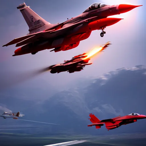 Prompt: aerial combat between an f16 and a red dragon highly realistic by Andrea Chiampo, artstation and Frederik Heyman, extremely detailed, stunning volumetric lighting, hyper realism, fantasy 4k