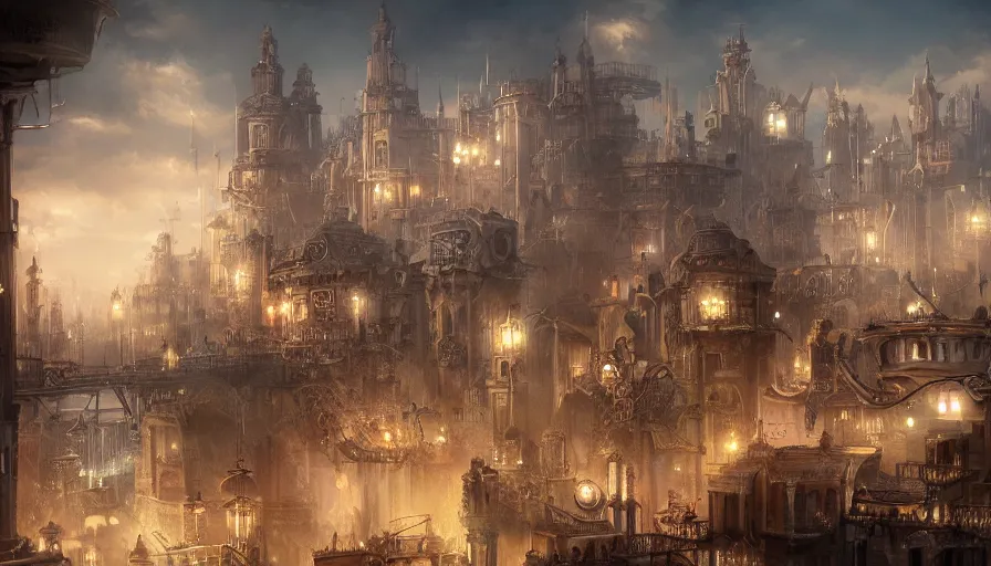 Prompt: matte painting of a beautiful steampunk city, digital art, trending on artstation