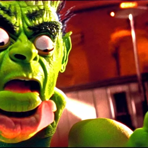 Image similar to mr. bean as blanka from the streetfighter movie. movie still. cinematic lighting.