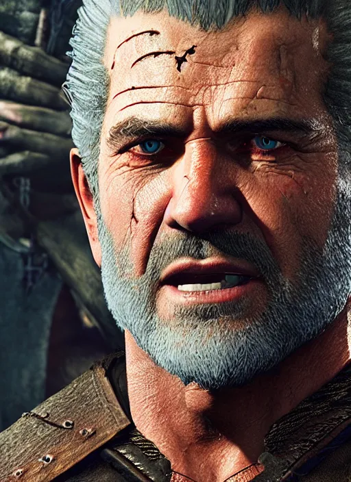 Image similar to Mel Gibson in The Witcher 3, gameplay, 8k, HD